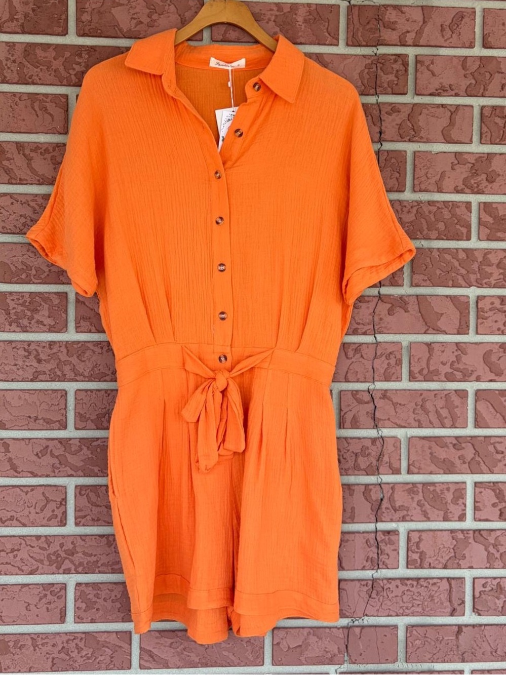 Casual Button-Front Orange Tie-Waist Romper